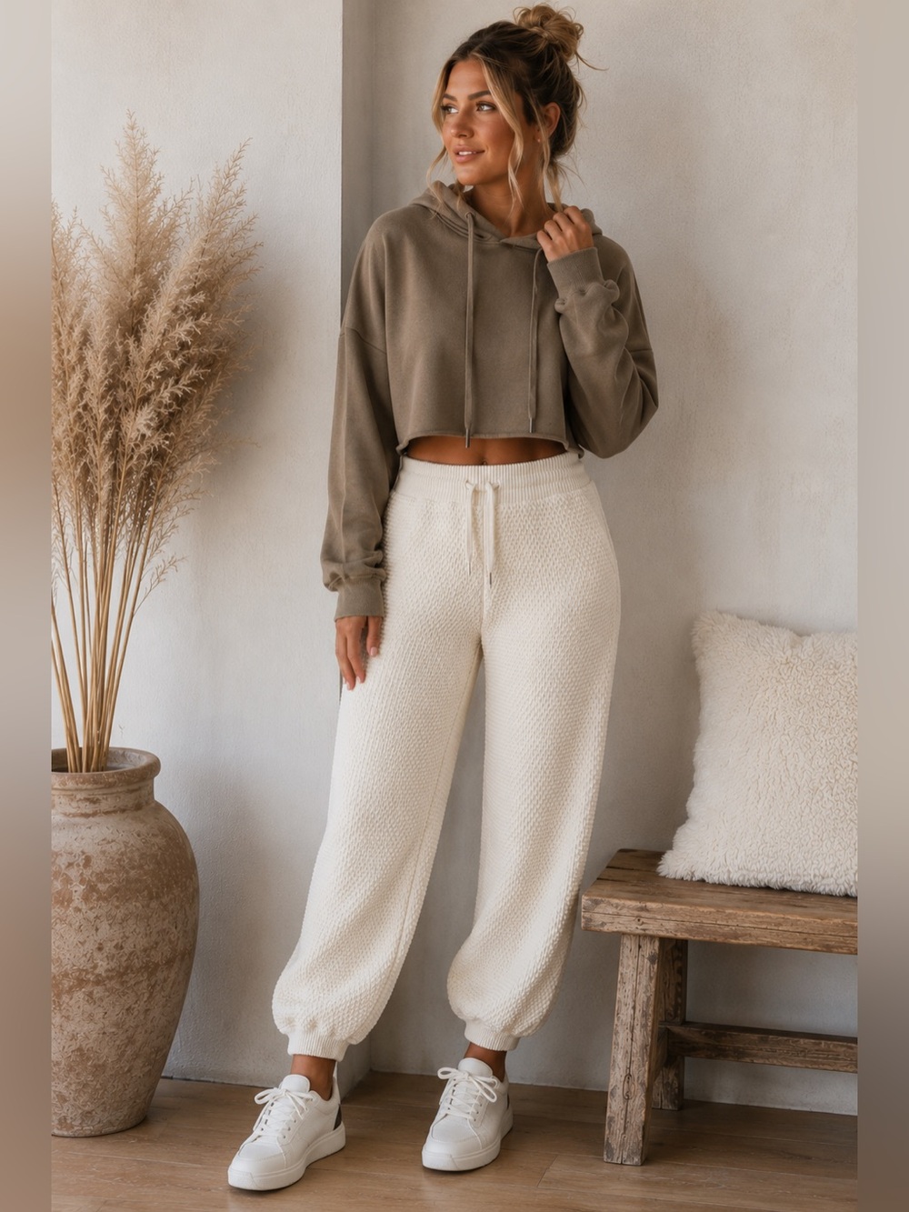 Art of Rhetoric Cream Waffle Knit Balloon Leg Pull On Athleisure Cozy Joggers